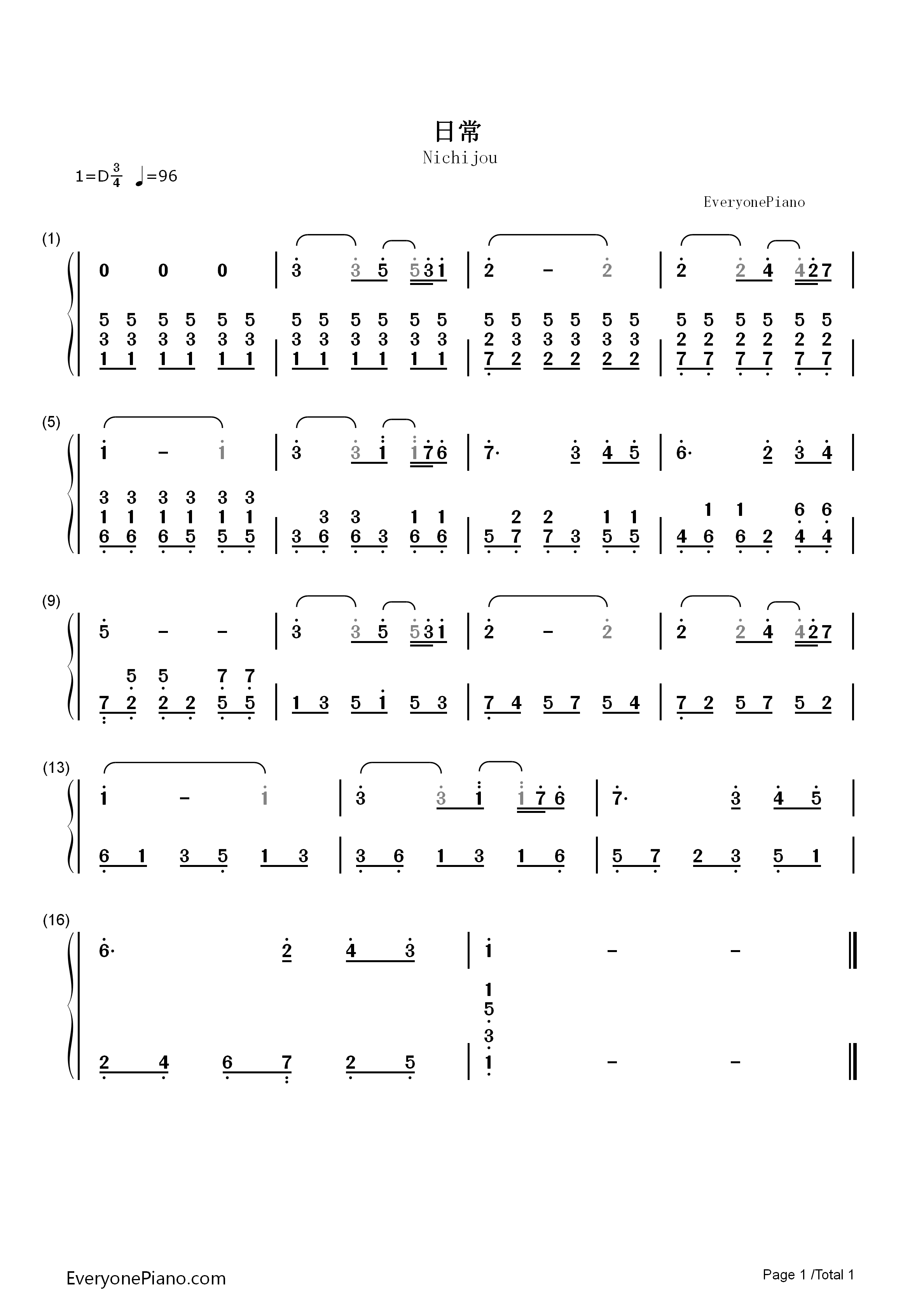 Nichijou_OST钢琴简谱_野见佑二演唱