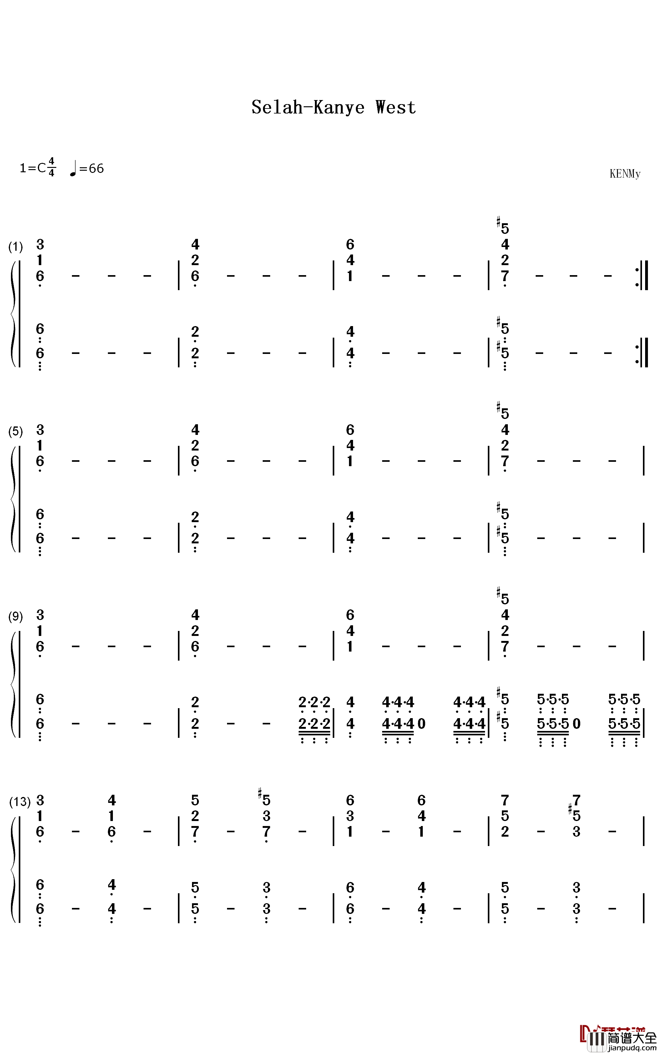 Selah钢琴简谱_数字双手_Kanye_West