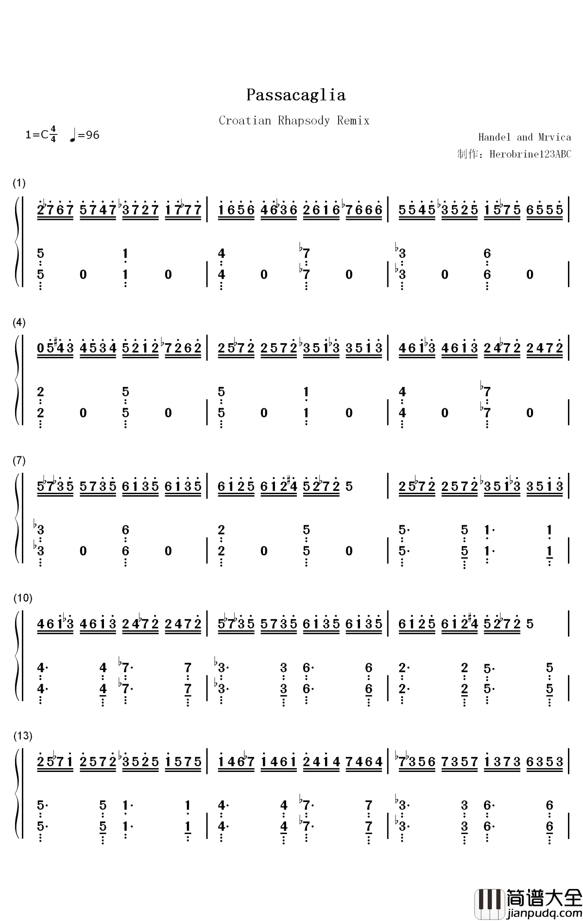 帕萨卡利亚克罗地亚变奏钢琴简谱_数字双手_Handel_Mrvica