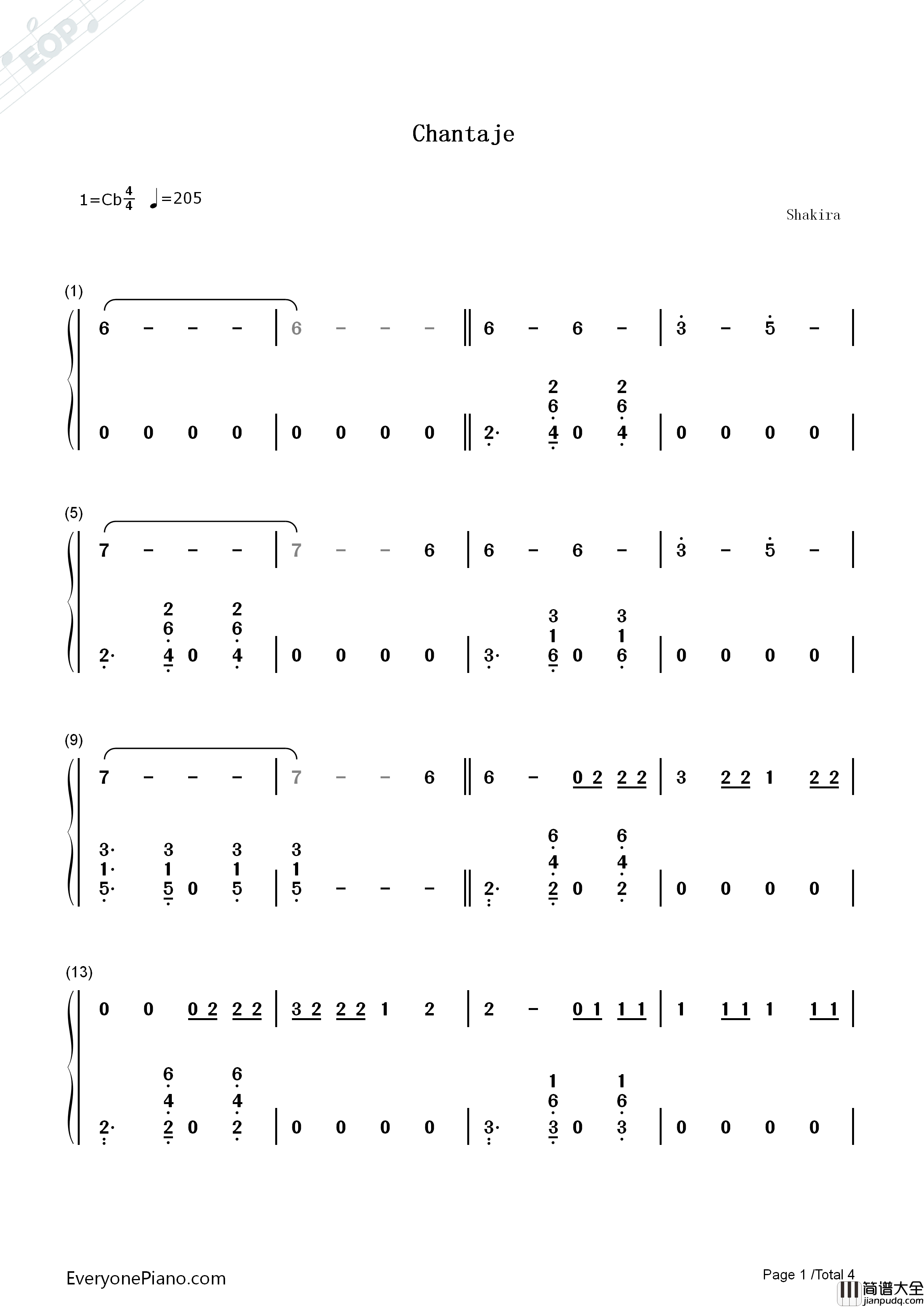 Chantaje钢琴简谱_Shakira演唱