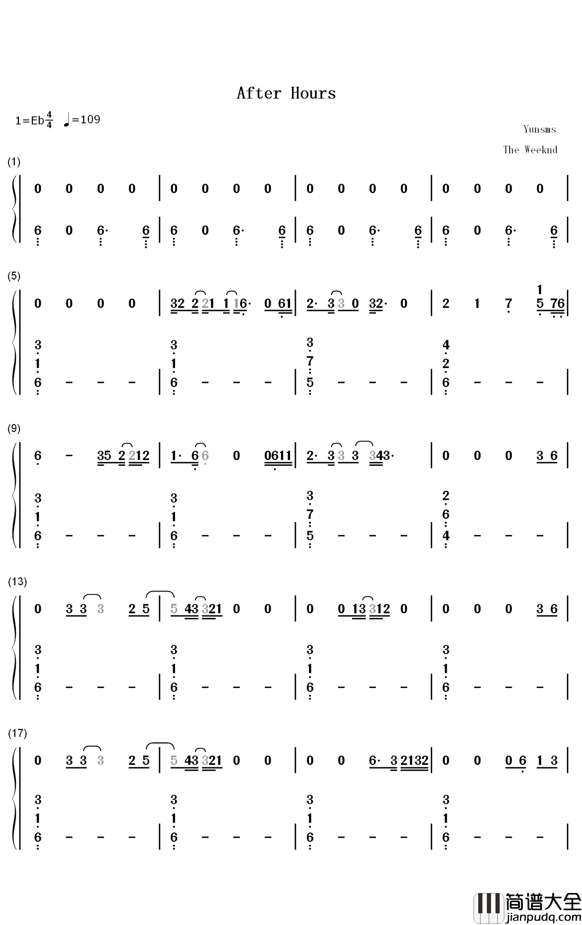 After_Hours钢琴简谱_数字双手_The_Weeknd