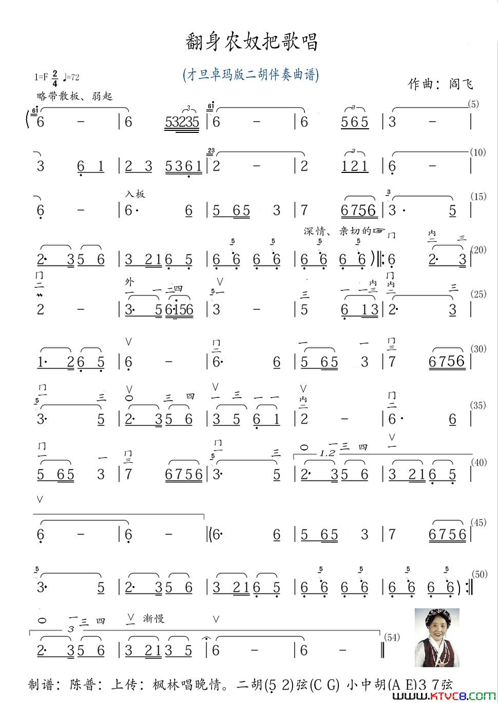 翻身农奴把歌唱才旦卓玛版二胡曲谱简谱