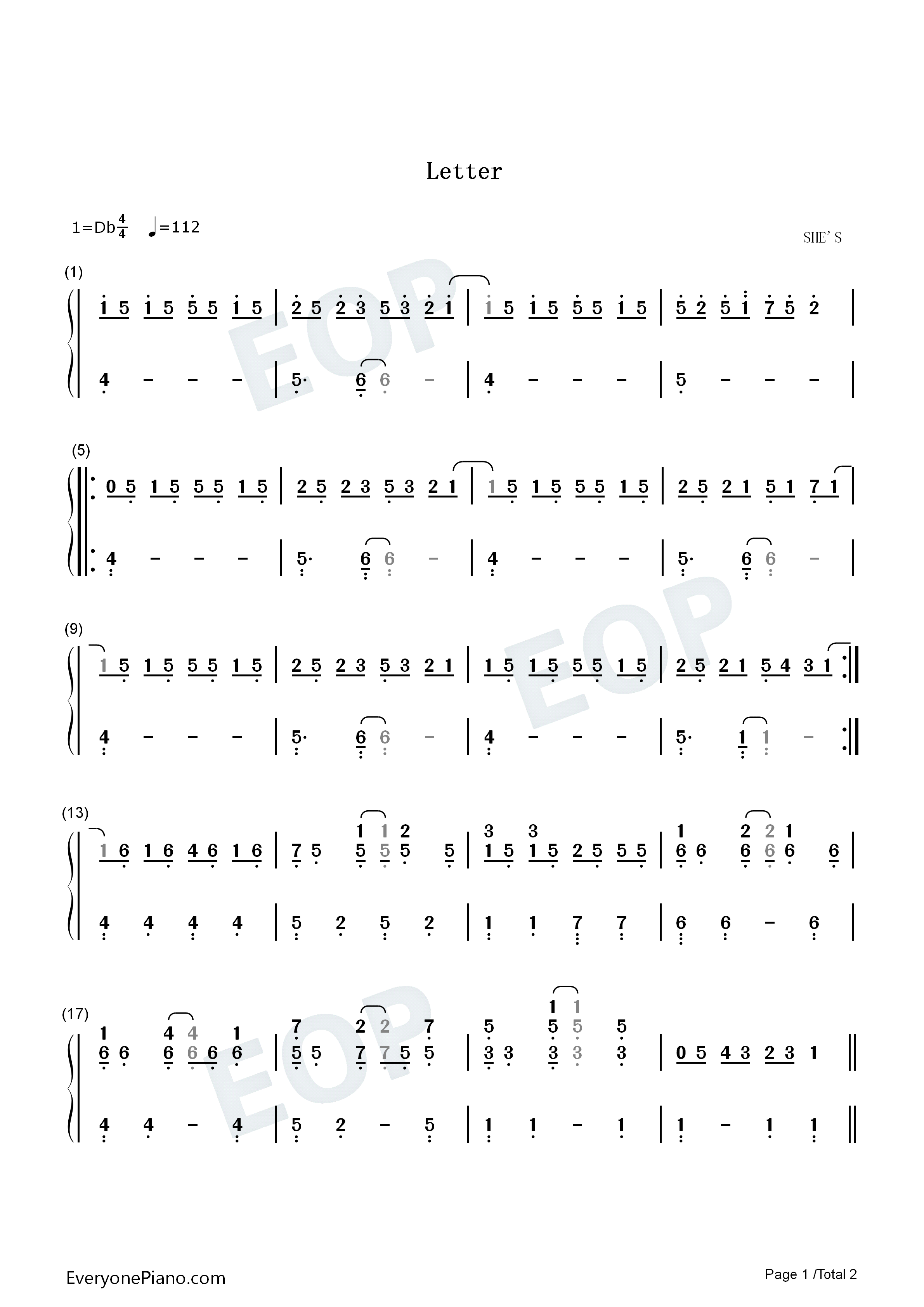Letter钢琴简谱_SHE'S_シーズ演唱
