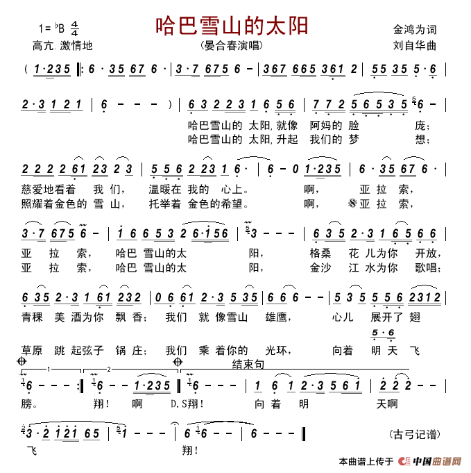 哈巴雪山的太阳简谱_晏合春演唱_古弓制作曲谱