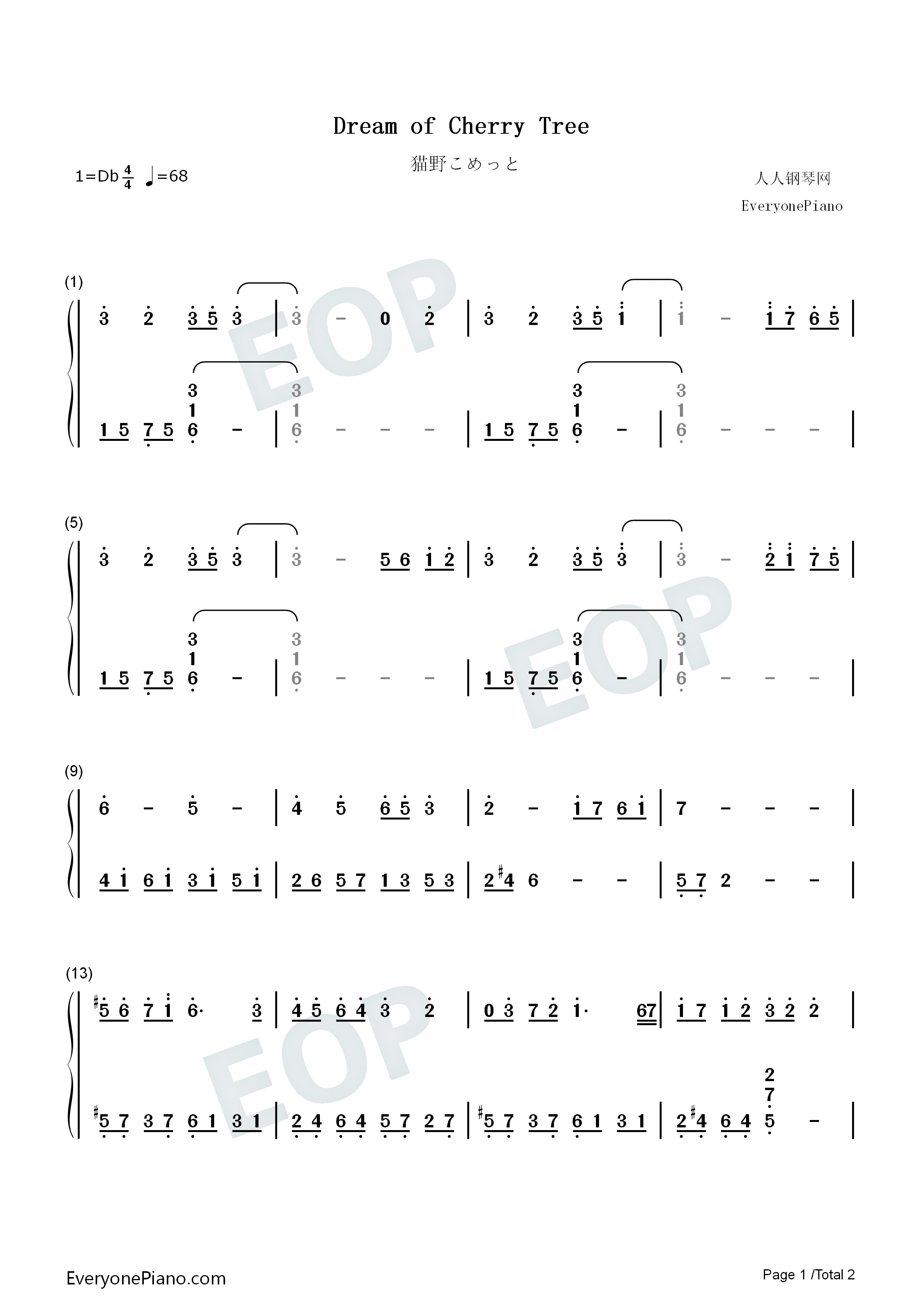 Dream_Of_Cherry_Tree钢琴简谱_猫野こめっと演唱