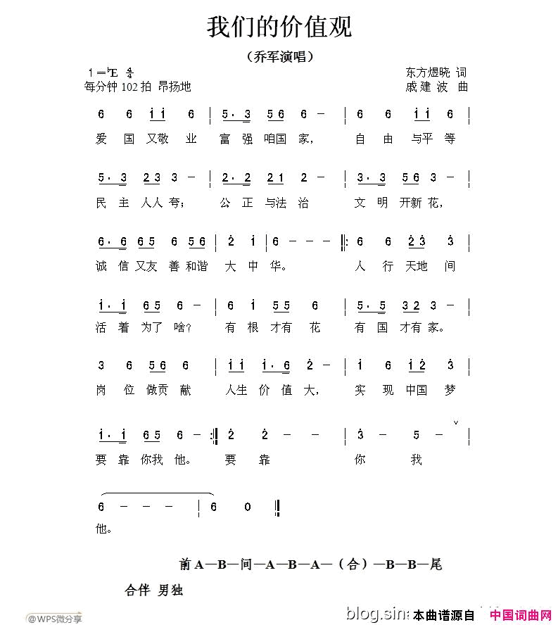 我们的价值观简谱_乔军演唱_东方煜晓/戚建波词曲