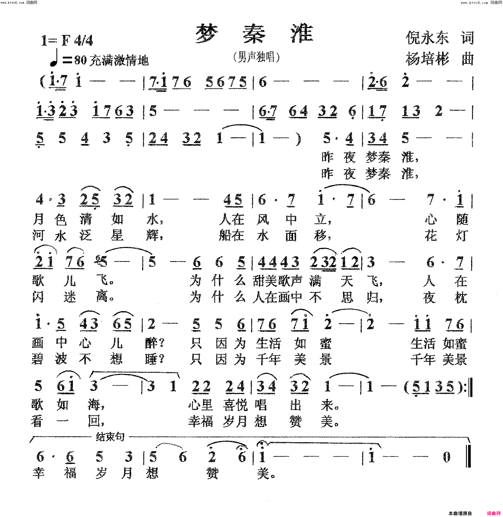 梦秦淮(男声独唱)简谱_杨培彬曲谱