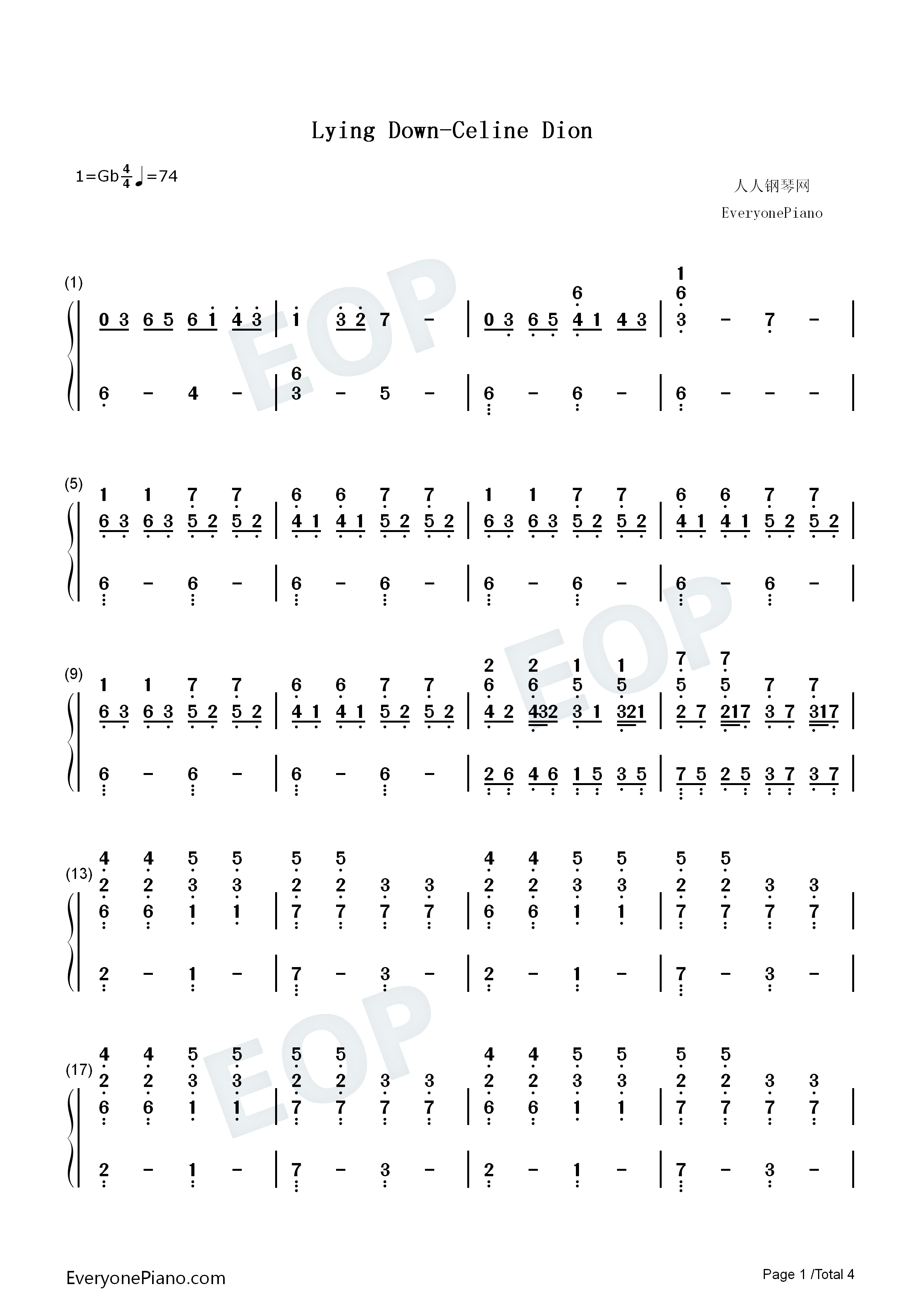 Lying_Down钢琴简谱_Celine_Dion演唱