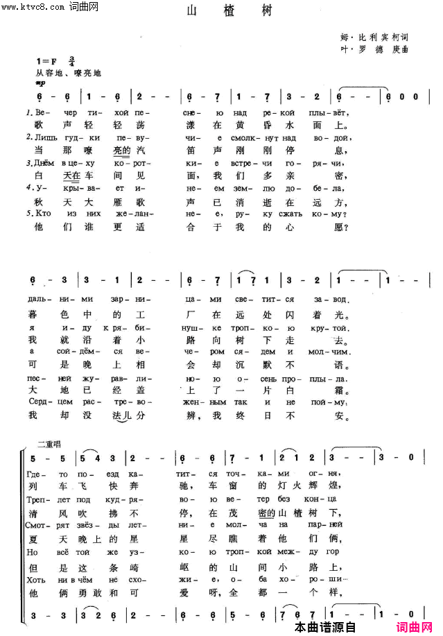 山楂树(前苏联原版Sax简谱)简谱_小红帽曲谱