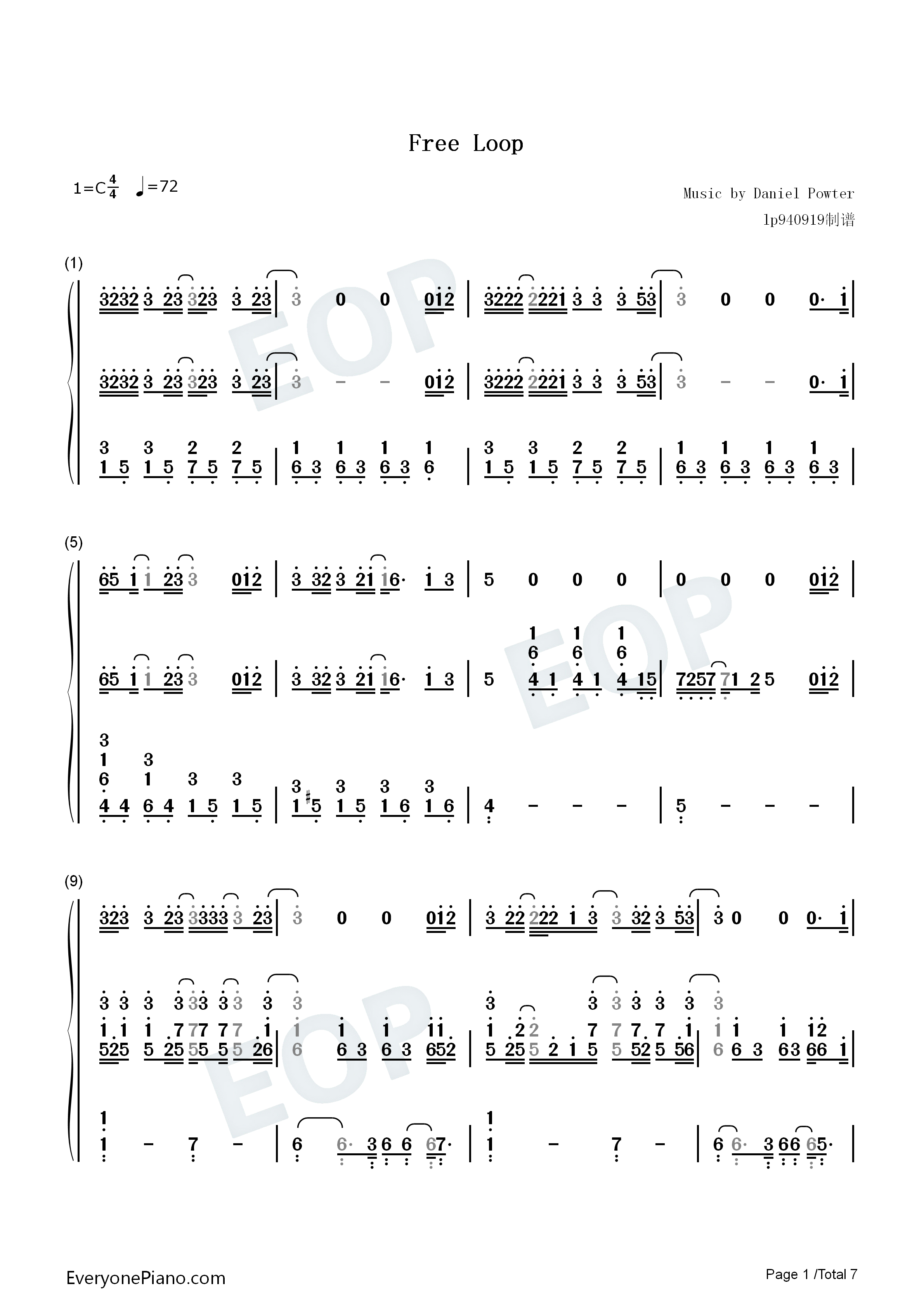 Free_Loop欧美经典钢琴简谱_丹尼尔·波特__Daniel_Richard_Powter演唱