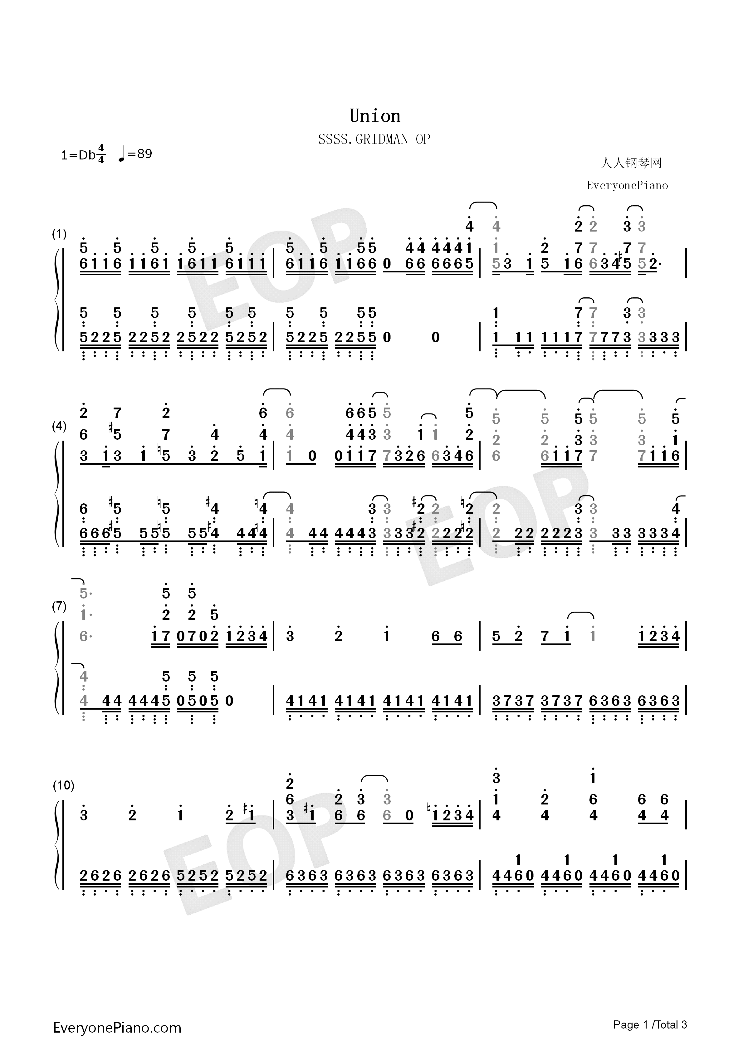 Union钢琴简谱_OxT演唱