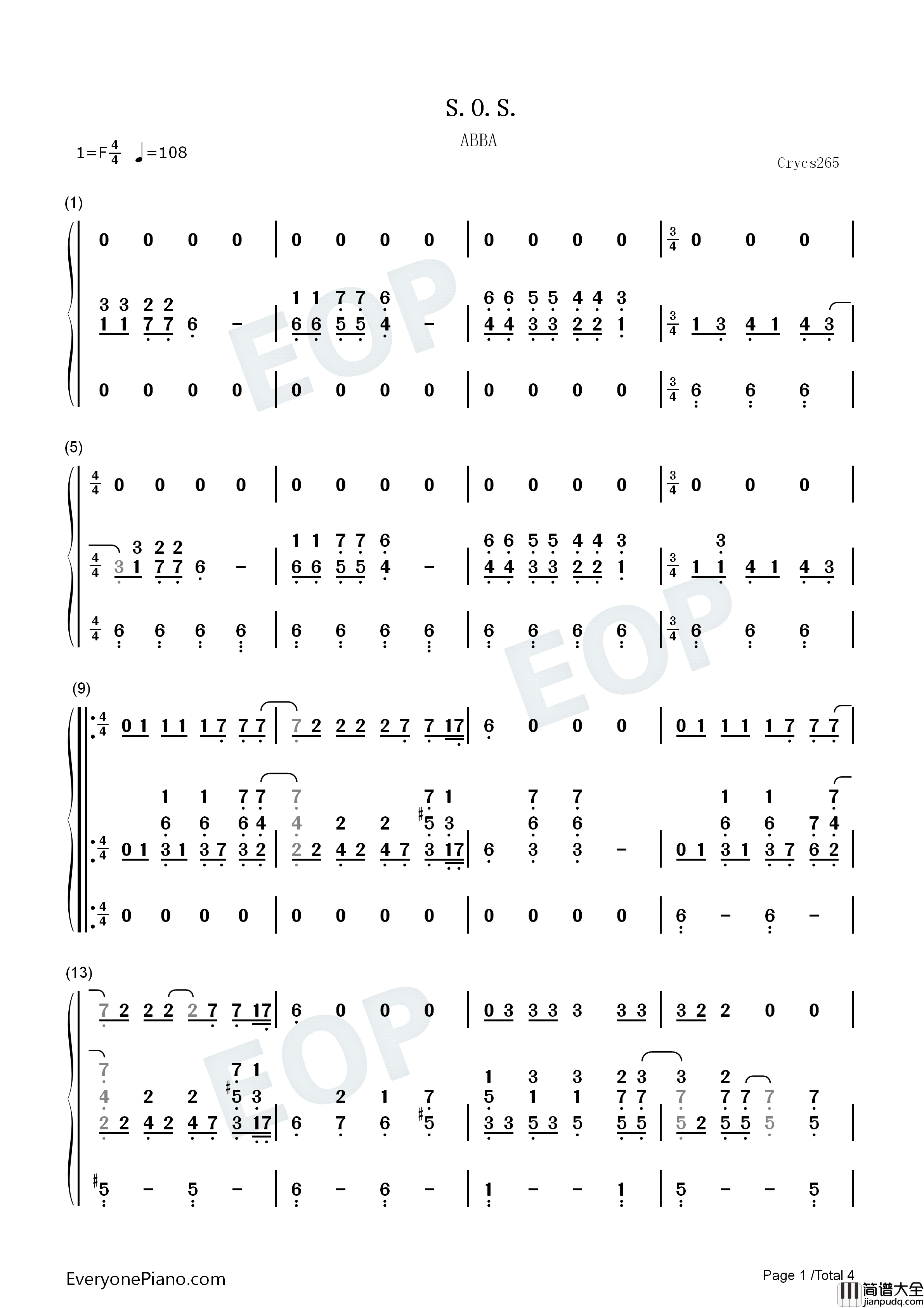 SOS钢琴简谱_ABBA演唱