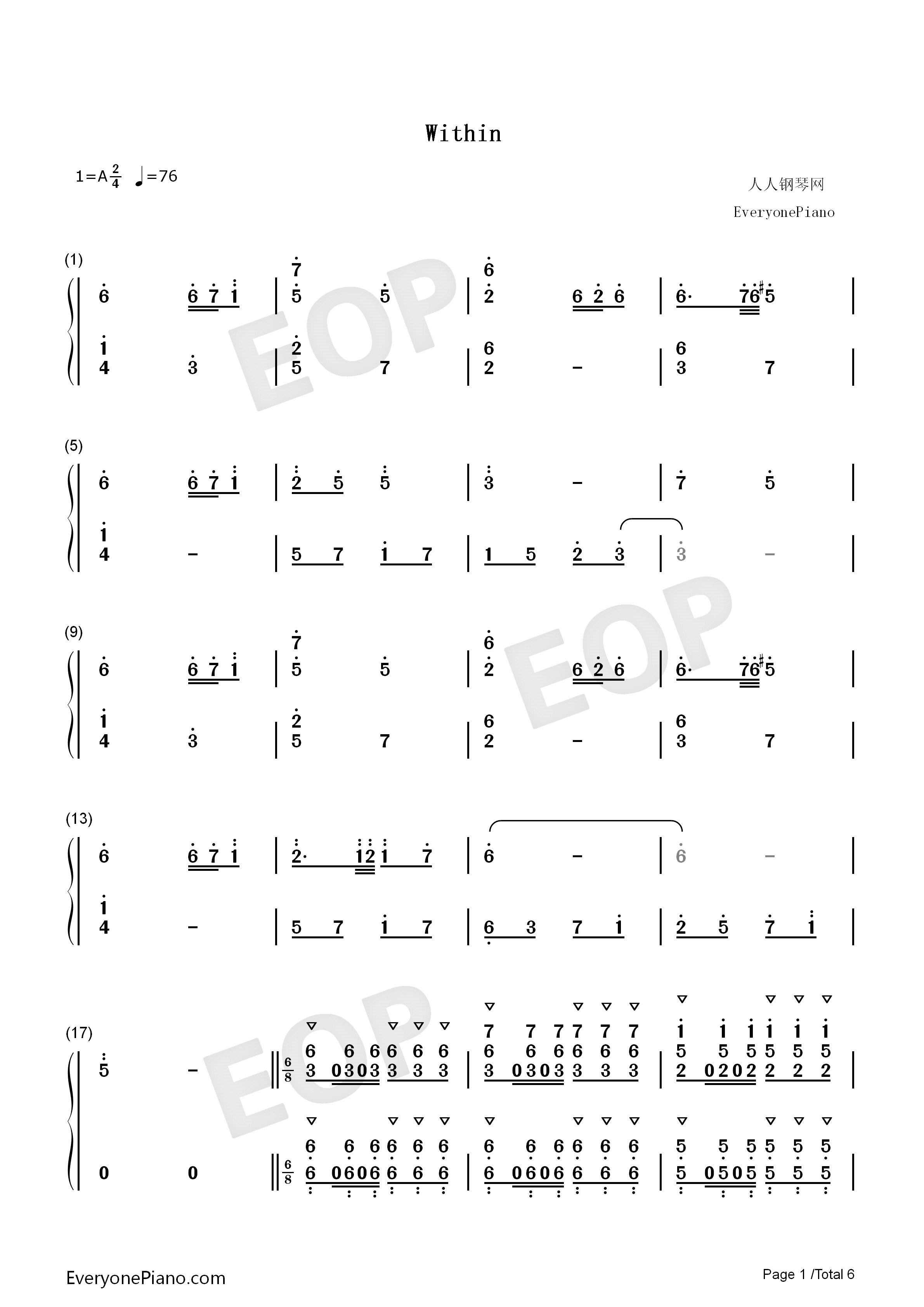 Within钢琴简谱_Mili演唱