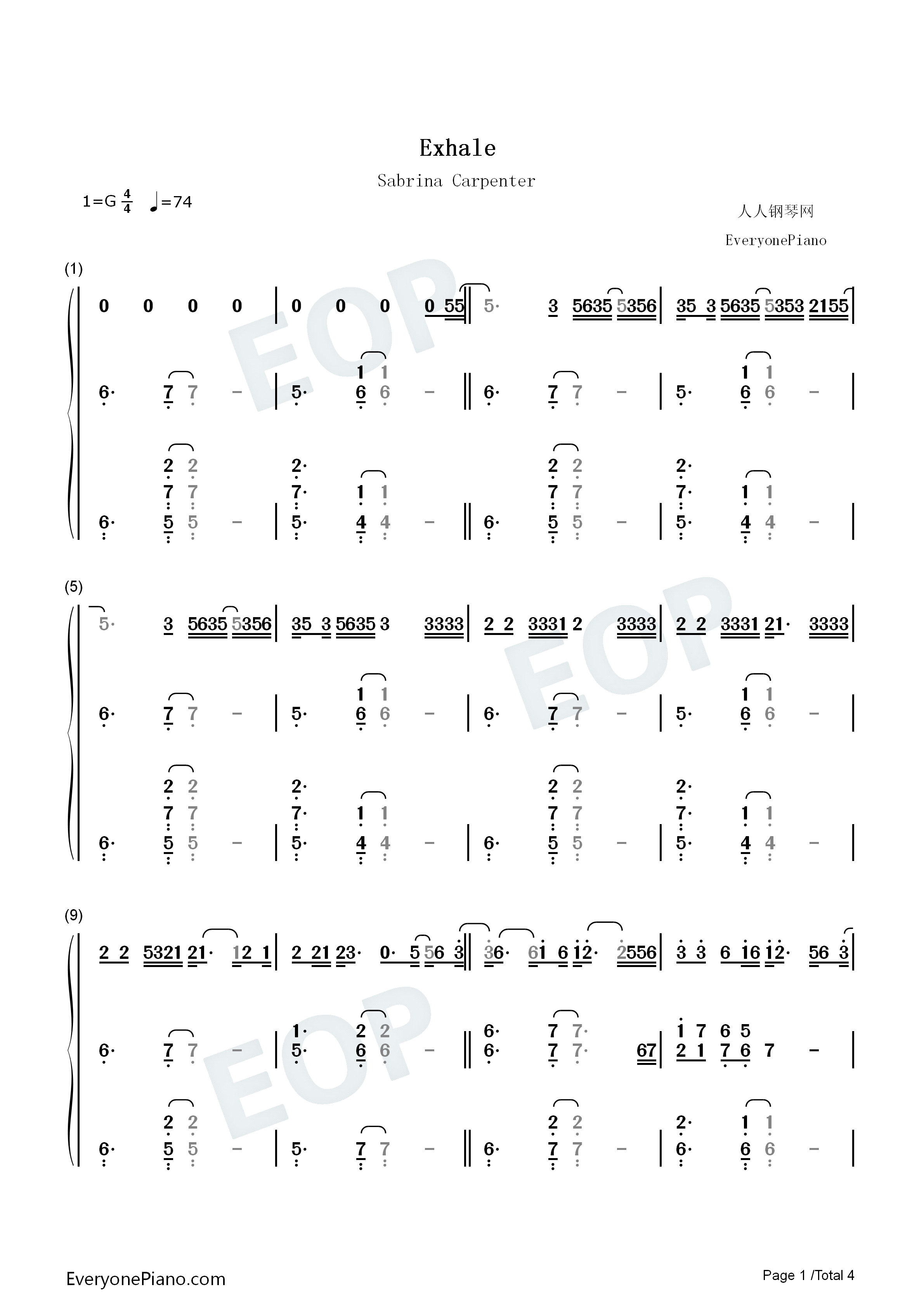 Exhale钢琴简谱_Sabrina_Carpenter演唱