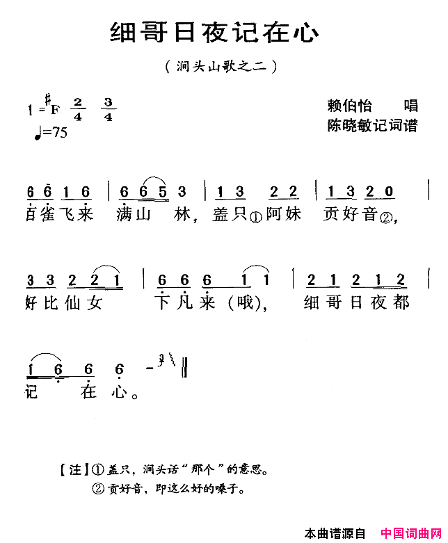 河源民歌：细哥日夜记在心简谱