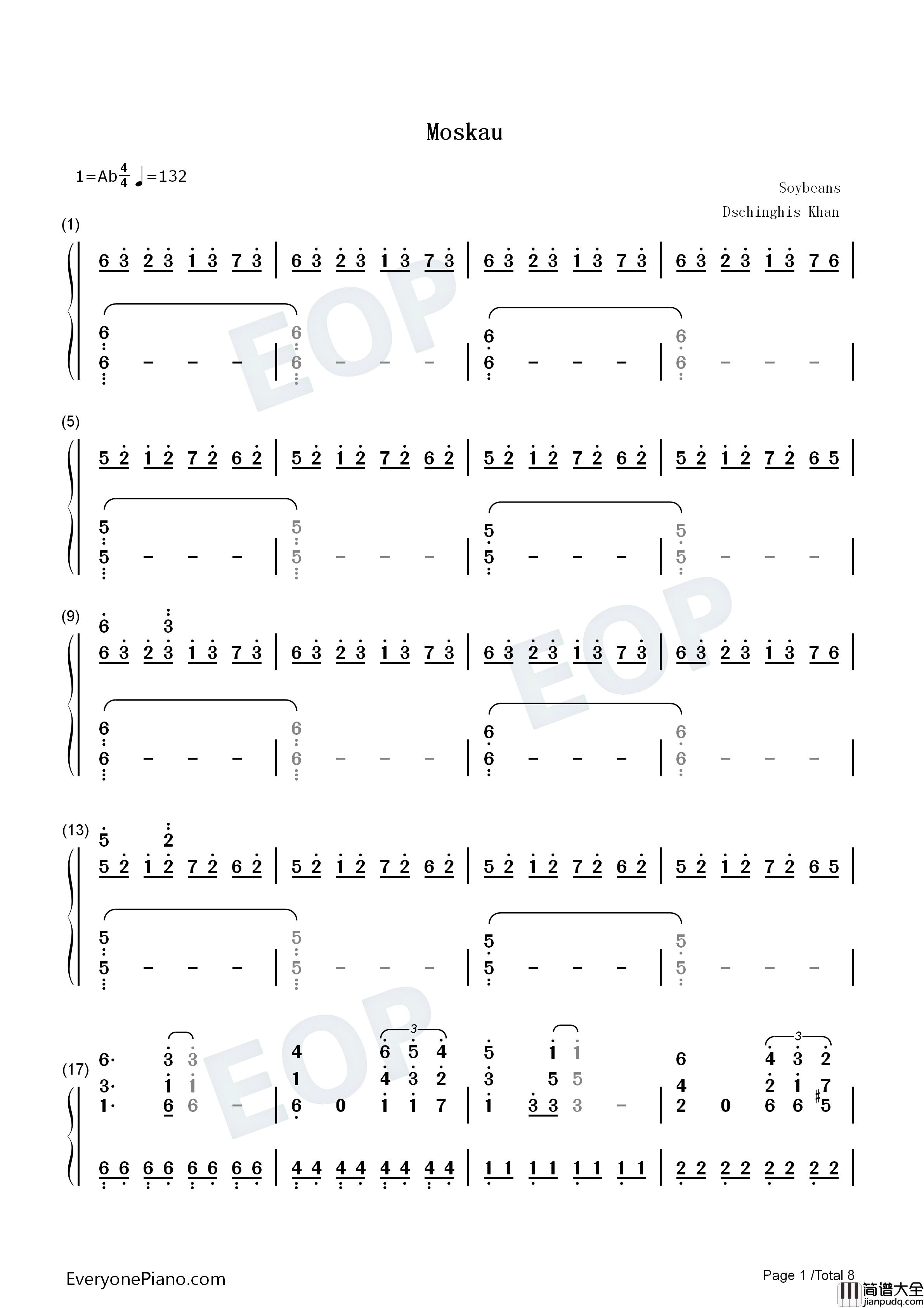 Moskau钢琴简谱_Dschinghis_Khan演唱