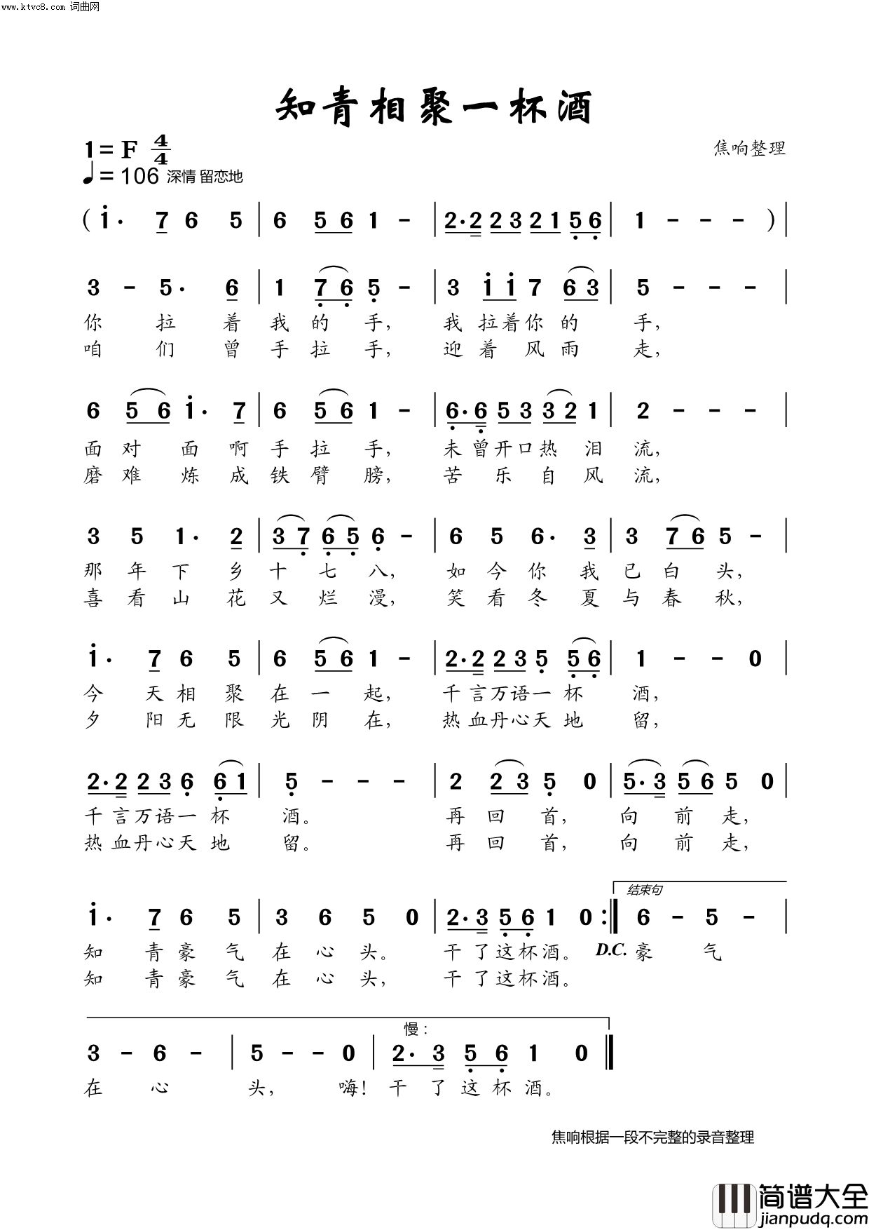 知青相聚一杯酒简谱_焦响演唱_焦响曲谱