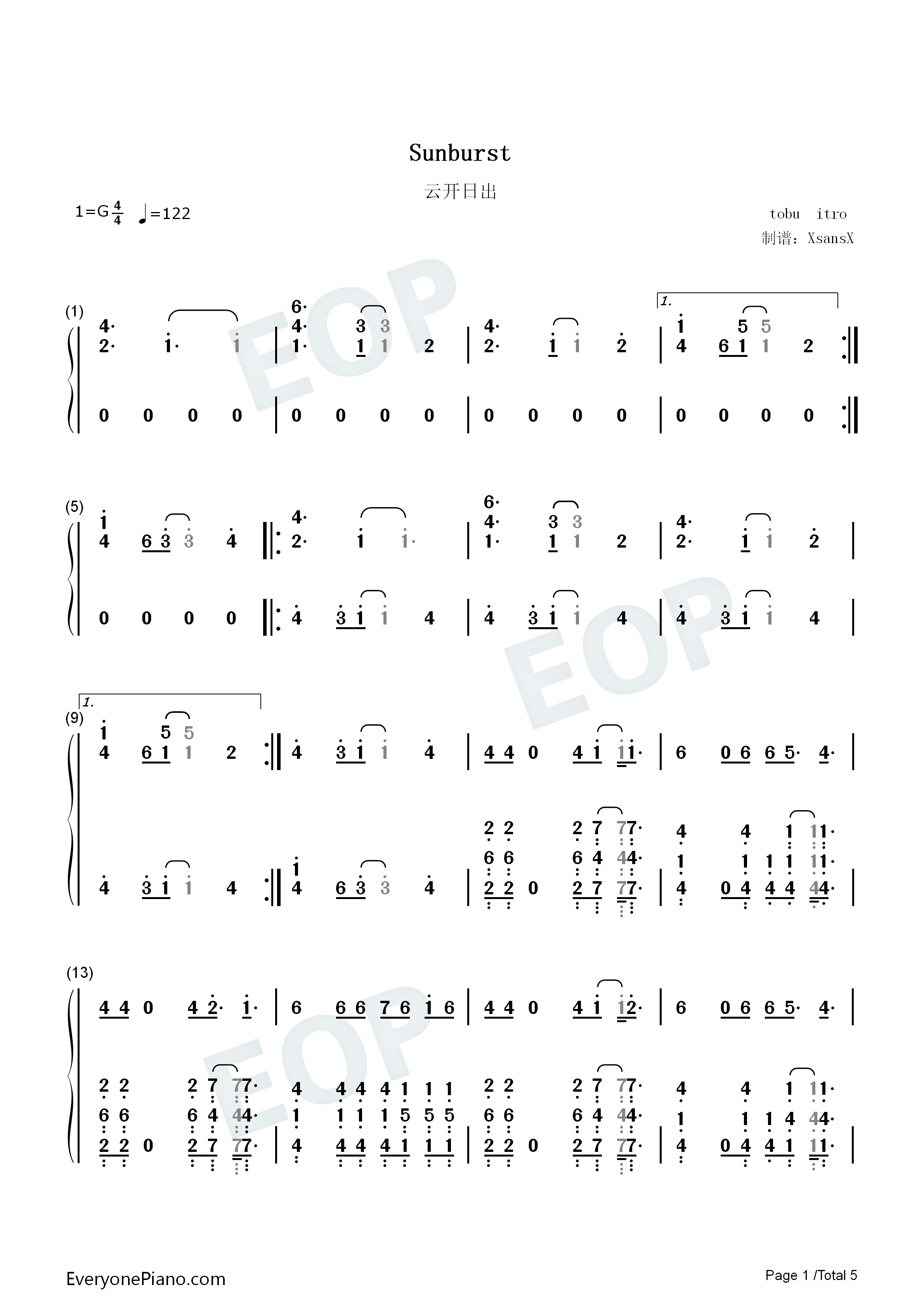 Sunburst钢琴简谱_Tobu_Itro演唱