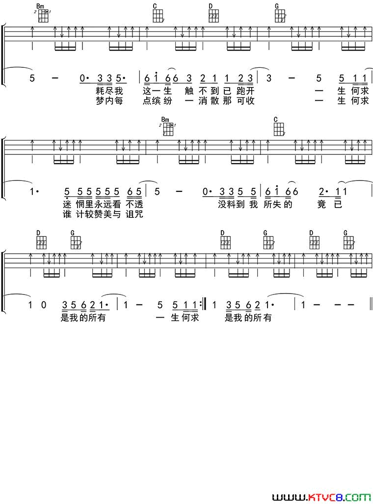 一生何求ukulele四线谱简谱_陈百强演唱