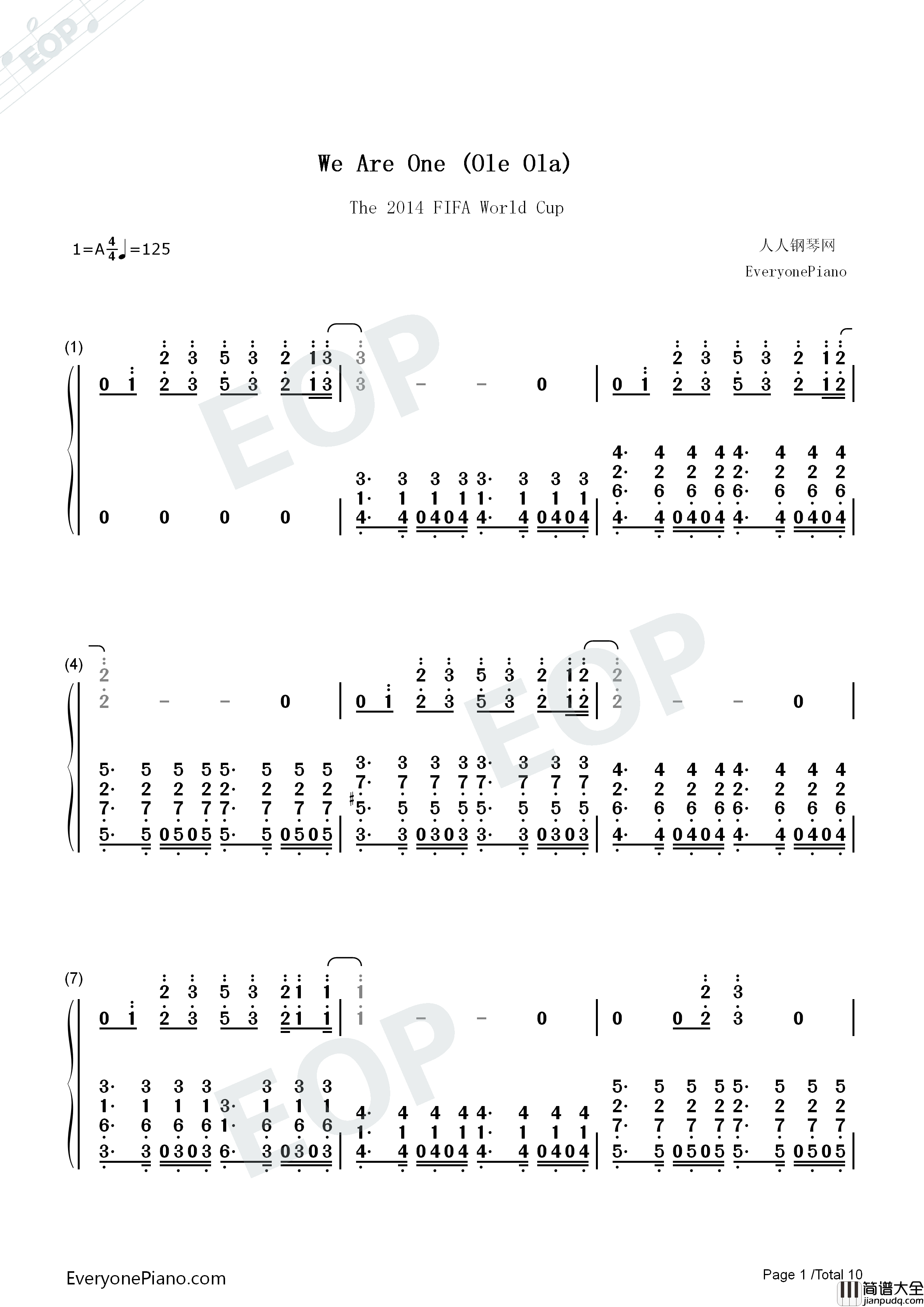 We_Are_One_(Ole_Ola)钢琴简谱_Pitbull演唱