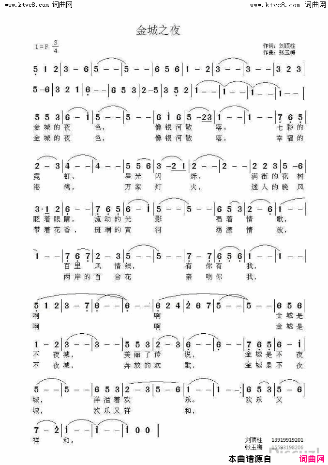 金城之夜简谱_岳建波演唱_刘顶柱/张玉梅词曲