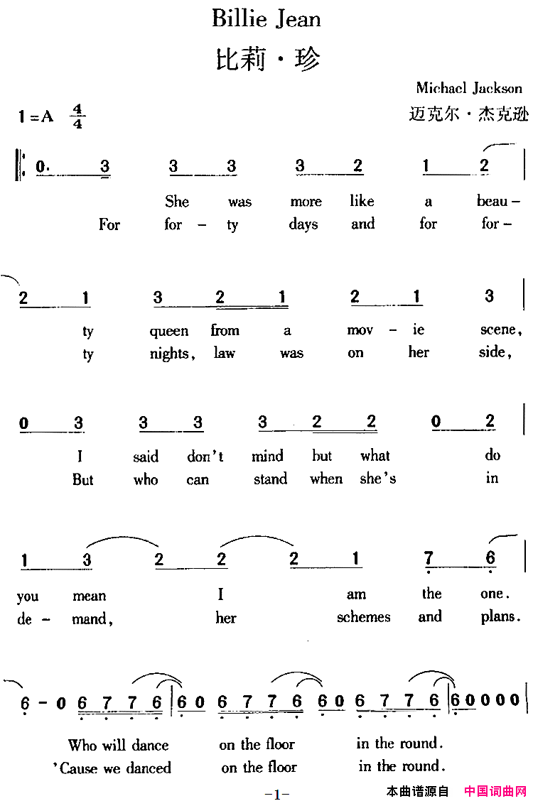 BillieJean比莉·珍简谱