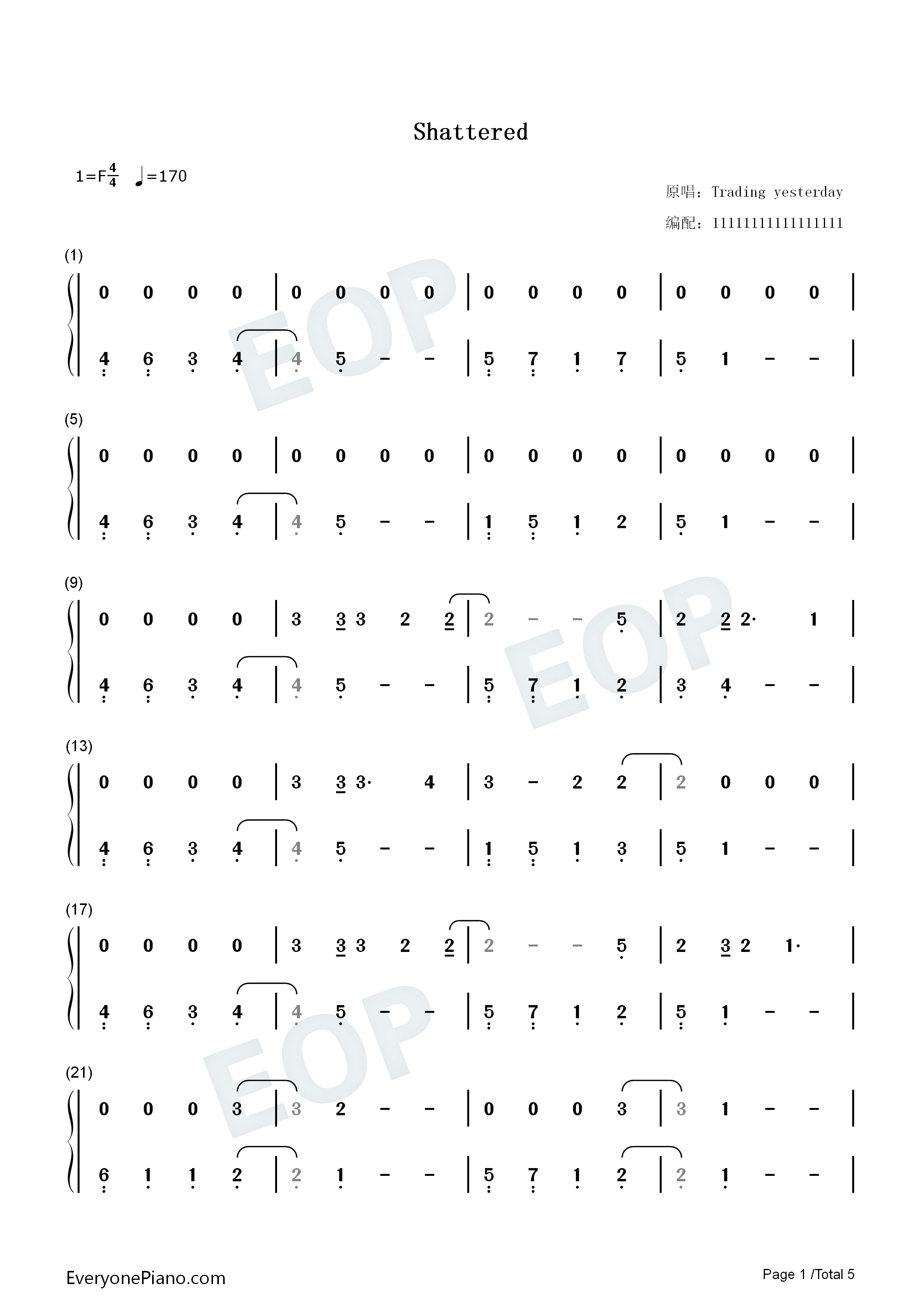 Shattered钢琴简谱_Trading_Yesterday演唱