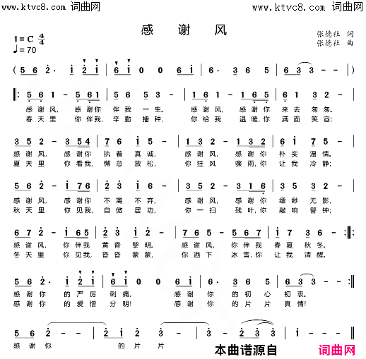 感谢风简谱_张德社曲谱