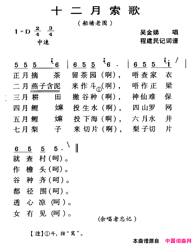 十二月索歌河源民歌船塘老围简谱_吴金娣演唱_程建民词曲