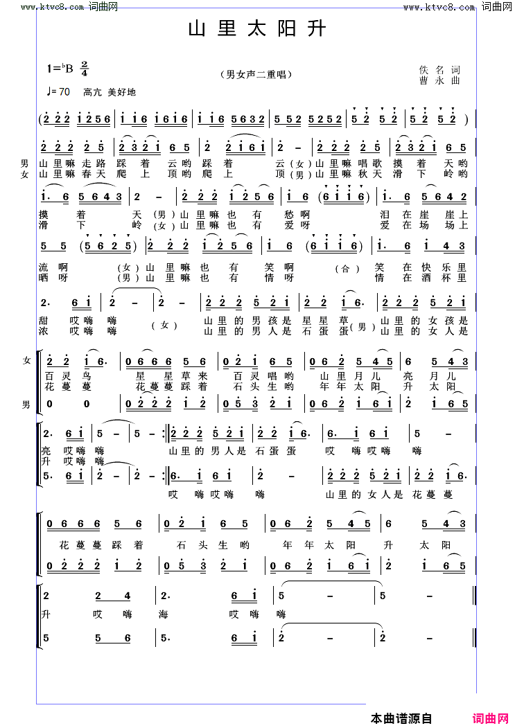山里太阳升男女声二重唱简谱