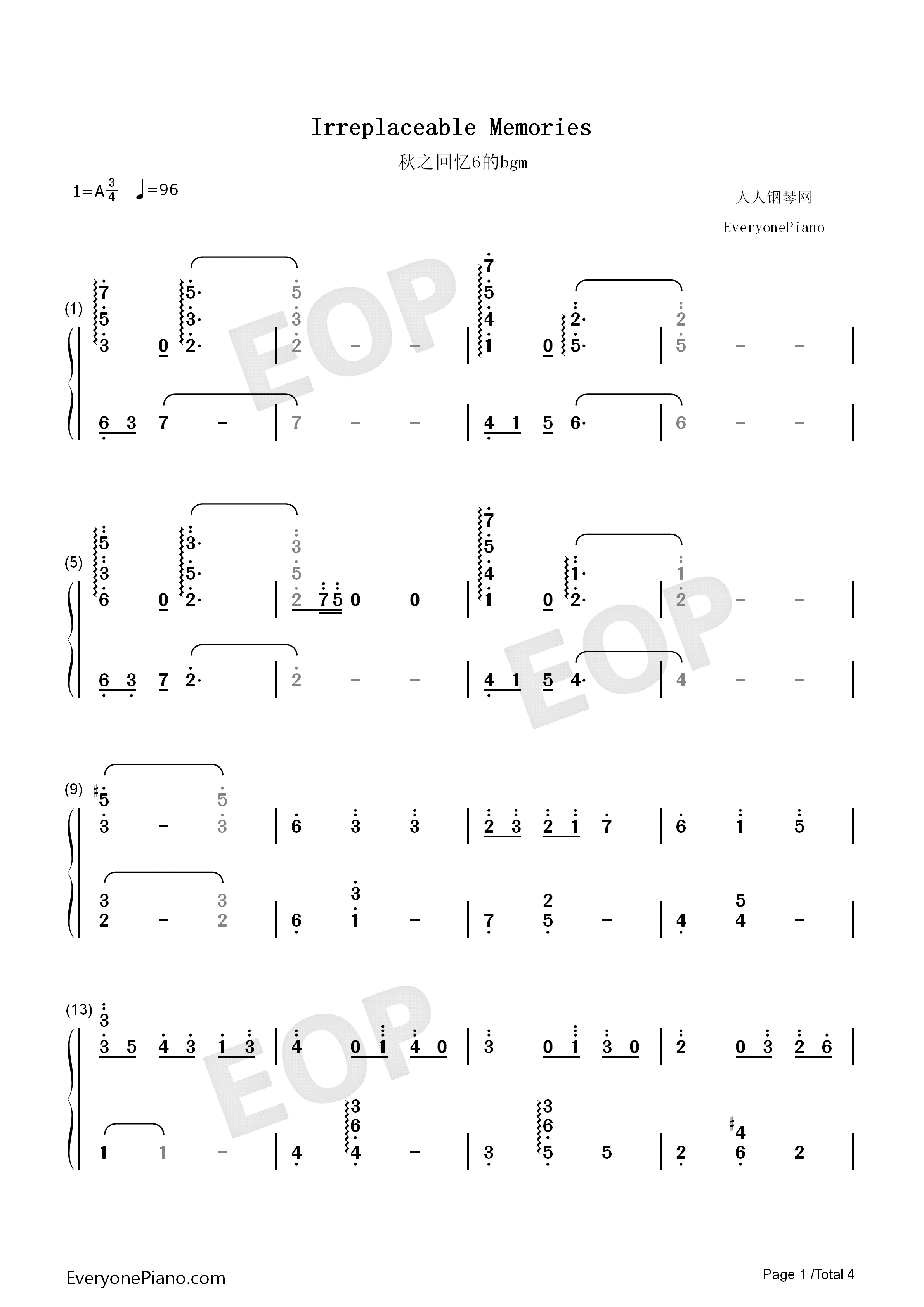 Irreplaceable_memories钢琴简谱_秋之回忆6～T_Wave～演唱