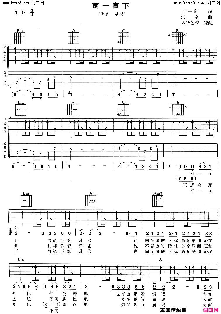 雨一直下简谱_张宇演唱_十一郎/张宇词曲