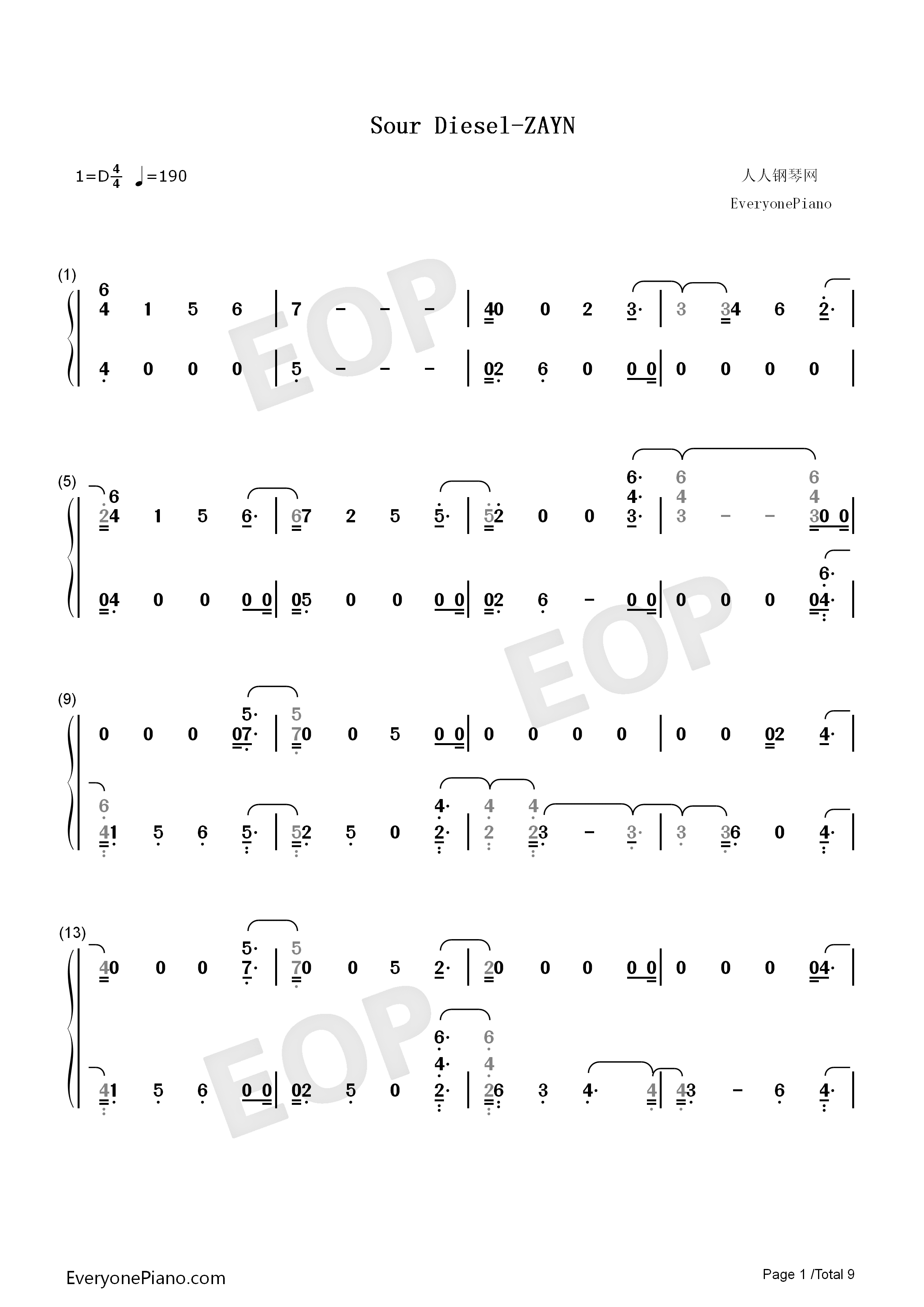 Sour_Diesel钢琴简谱_ZAYN演唱