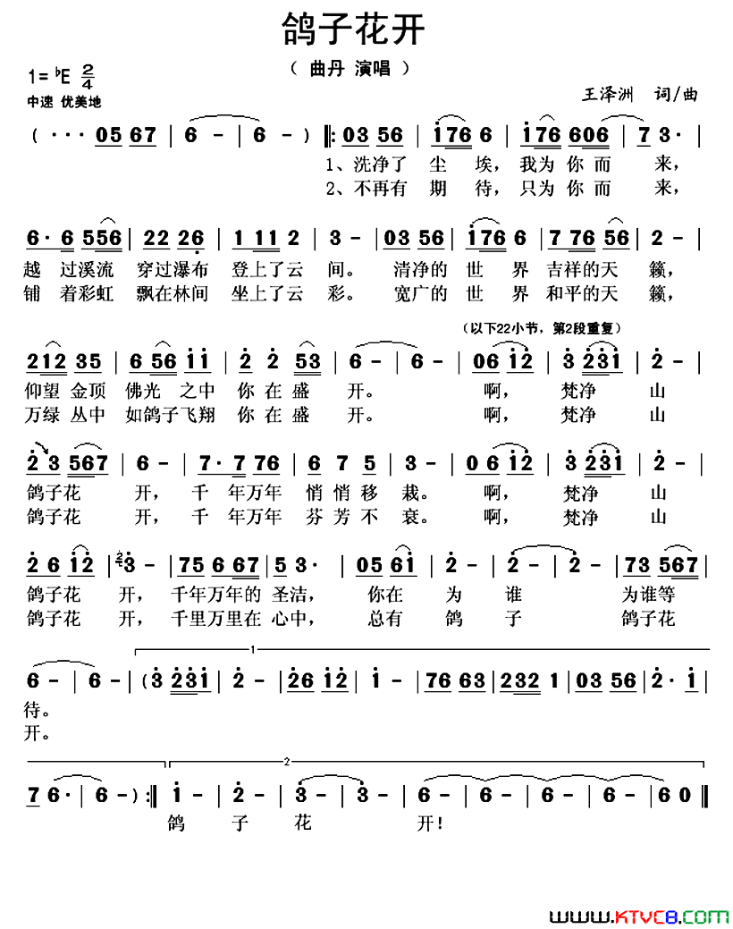 鸽子花开简谱_曲丹演唱_王泽洲/王泽洲词曲