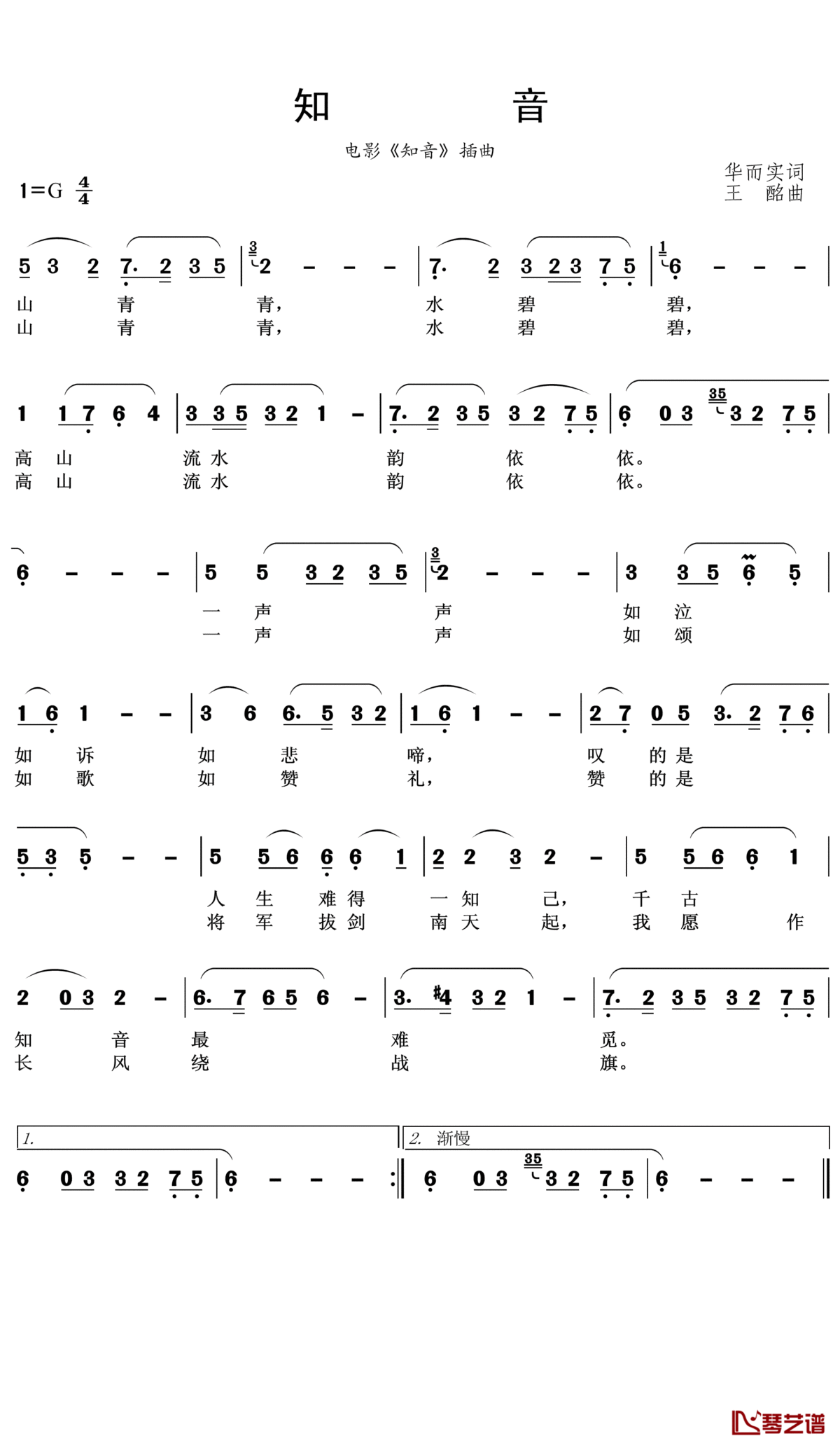 知音简谱(歌词)_李谷一演唱_王wzh曲谱