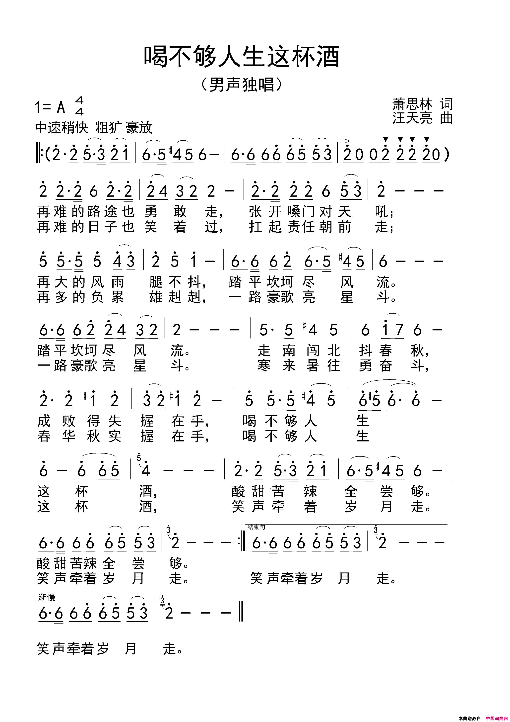 喝不够人生这杯酒萧思林词汪天亮曲喝不够人生这杯酒萧思林词___汪天亮曲简谱