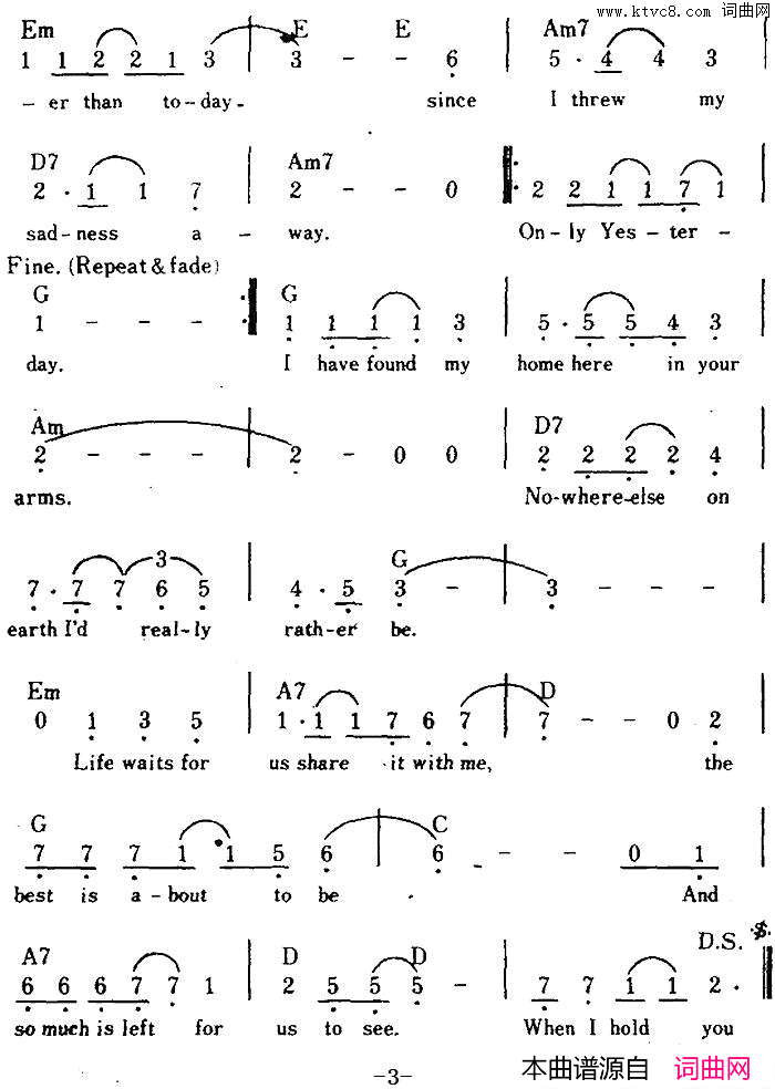 【美】OnlyYesterday仅仅是昨天、带和弦简谱