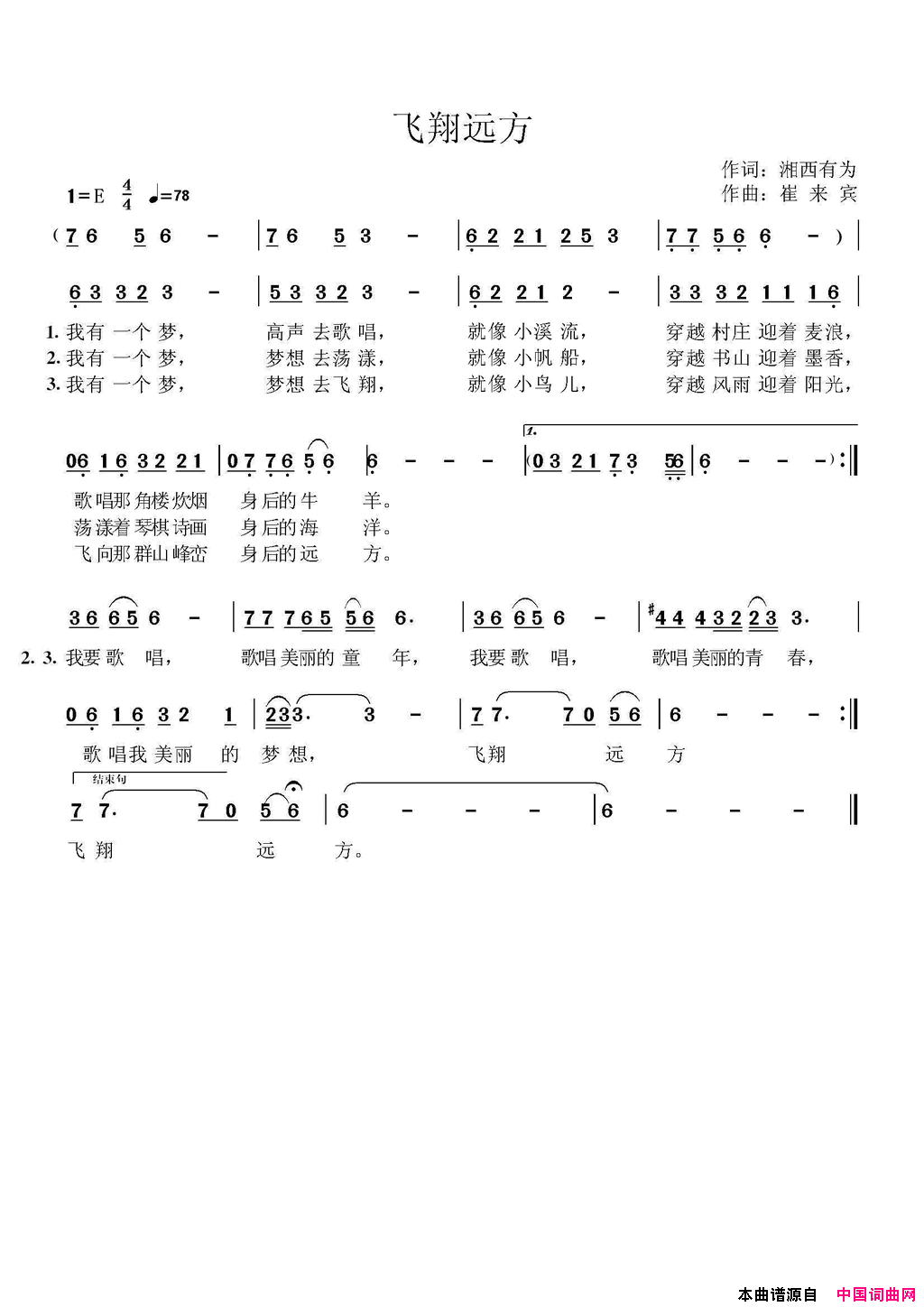 飞翔远方简谱_谢杨洁演唱_谭有为/崔来宾词曲