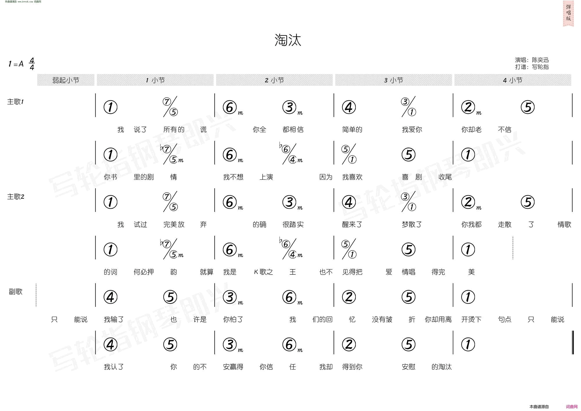 淘汰简和谱简谱_陈奕迅演唱_周杰伦/周杰伦词曲