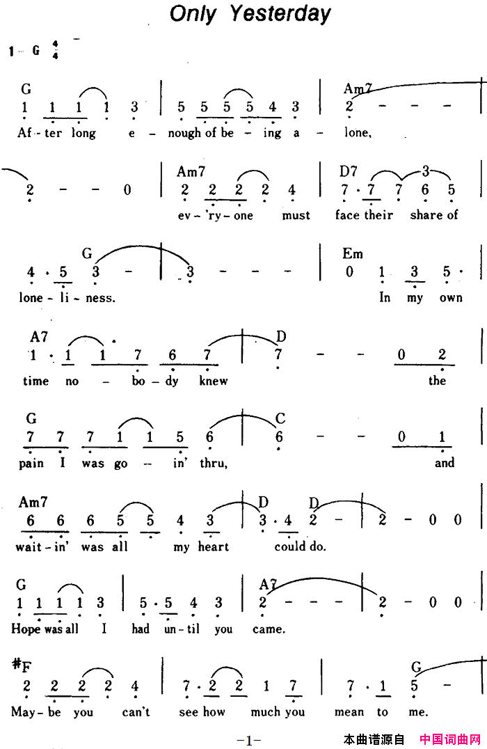 【美】OnlyYesterday仅仅是昨天、带和弦简谱