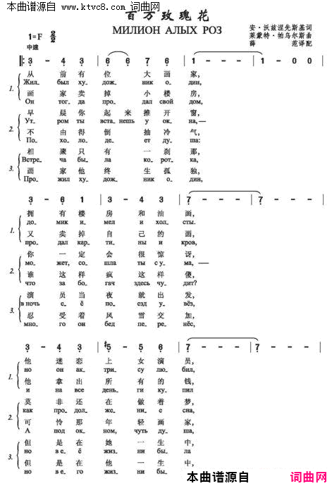 百万玫瑰花МИЛИОН_АЛЫХ_РОЗ_中俄简谱简谱_阿拉·布伽乔娃演唱_安·沃兹涅先斯基/莱蒙德·帕乌尔斯词曲