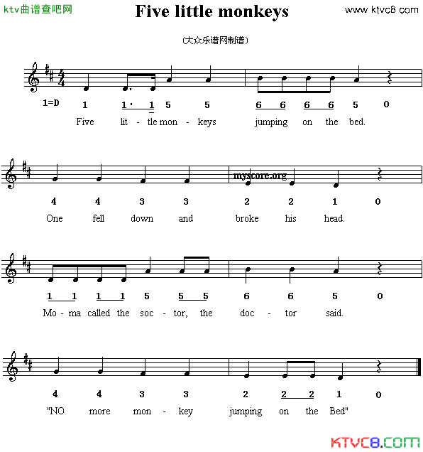 Fivelittlemonkeys五只小猴英文儿歌简谱