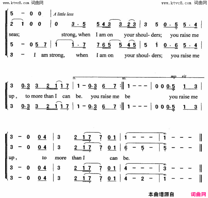 You_Raise_Me_Up_你鼓舞了我合唱版简谱