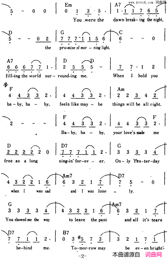 【美】OnlyYesterday仅仅是昨天、带和弦简谱