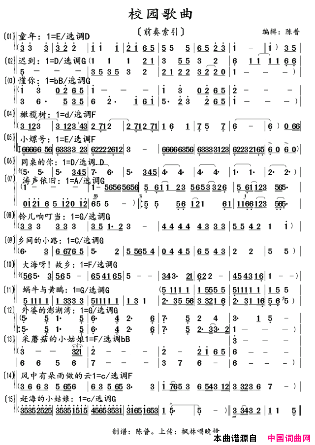 校园歌曲前奏索引简谱