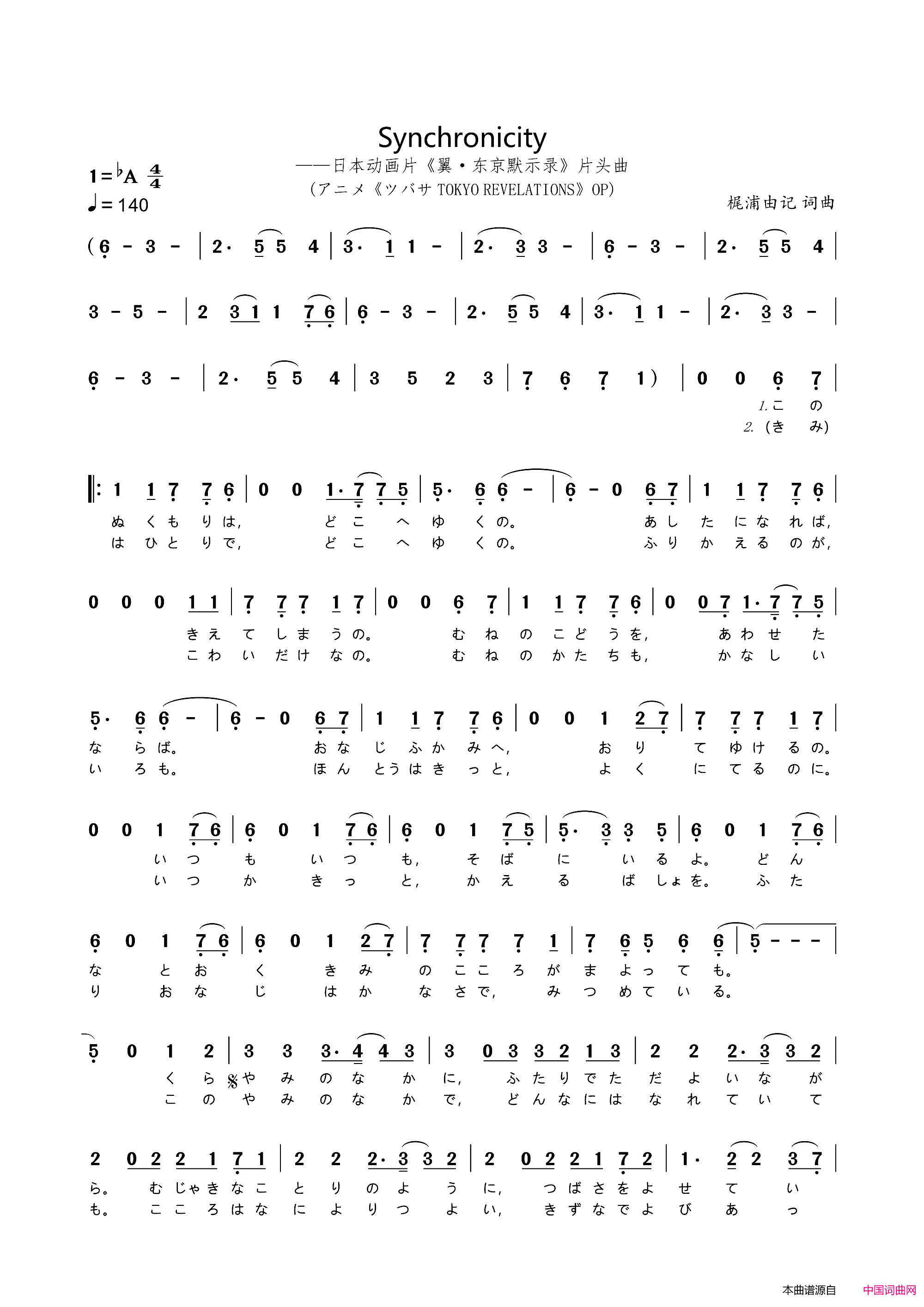 Synchronicity日本动画片_翼·东京默示录_片头曲简谱_牧野由依演唱_梶浦由記/梶浦由記词曲