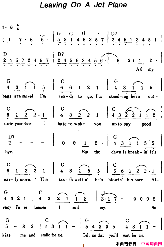 【美】LeavingOnAJetPlane乘喷气机离去简谱