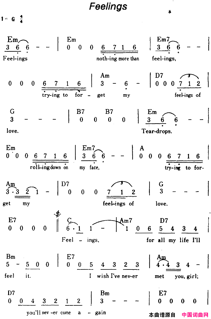 【美】Feelings情感、带和弦简谱