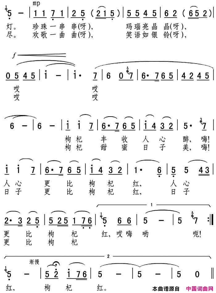 塞上江南枸杞红电视片_塞上枸杞红胜火_插曲简谱