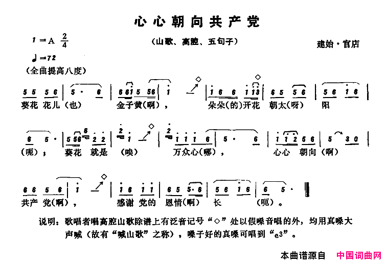 恩施民歌：心心朝向共产党简谱